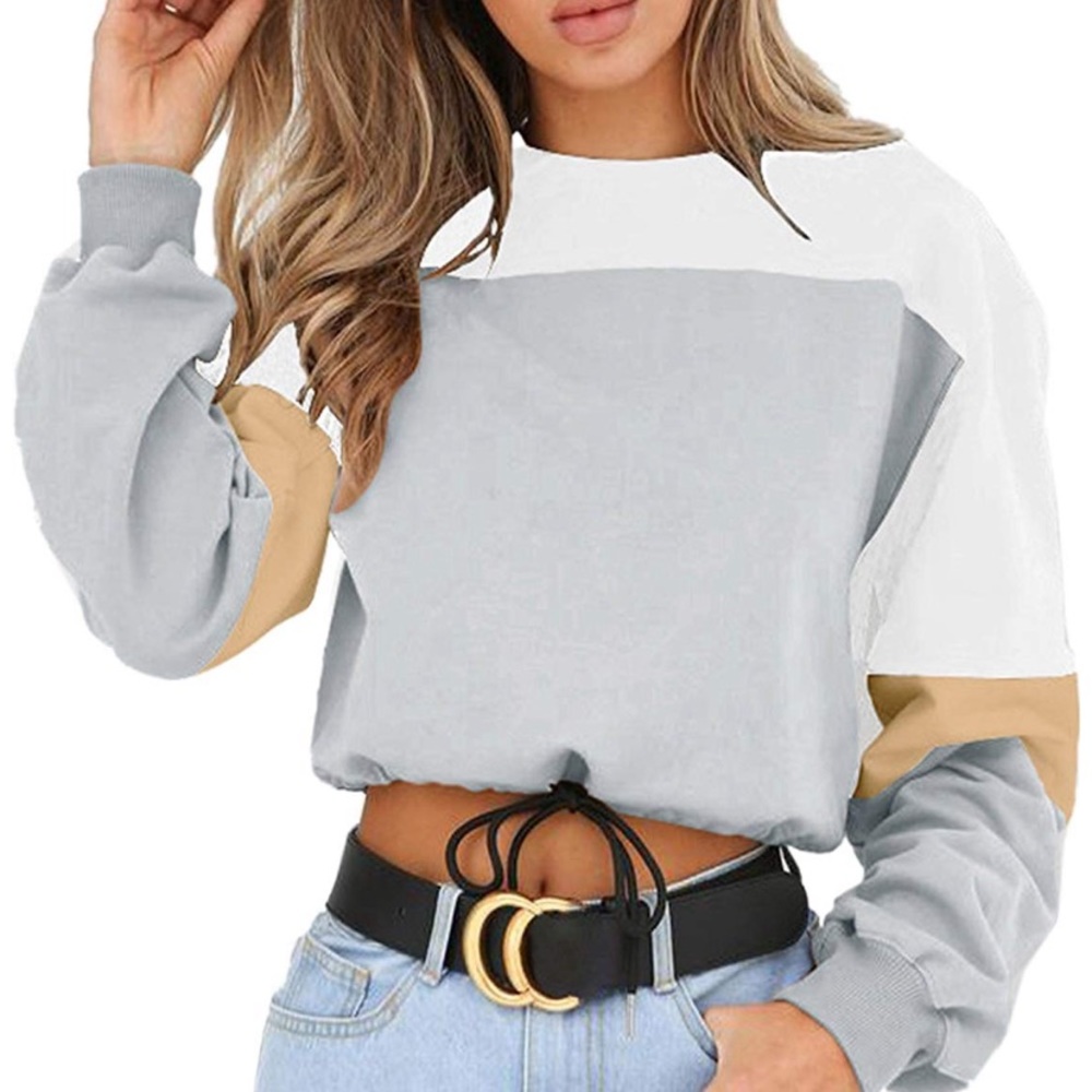 Drawstring Color Block Crop Pullover